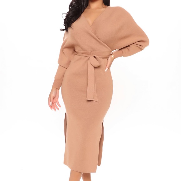 NWT FASHION NOVA TAN CAMEL MIDI BELTED SWEATER DRESS S - Picture 2 of 9